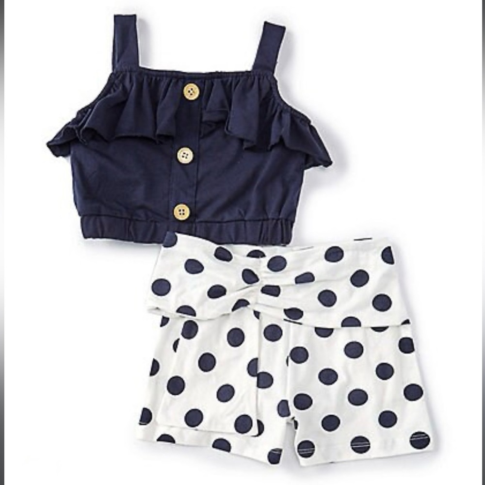 NWT Rare Editions Baby Girl 2 Piece‎ Navy & White Polka Dot Shorts Set Summer
